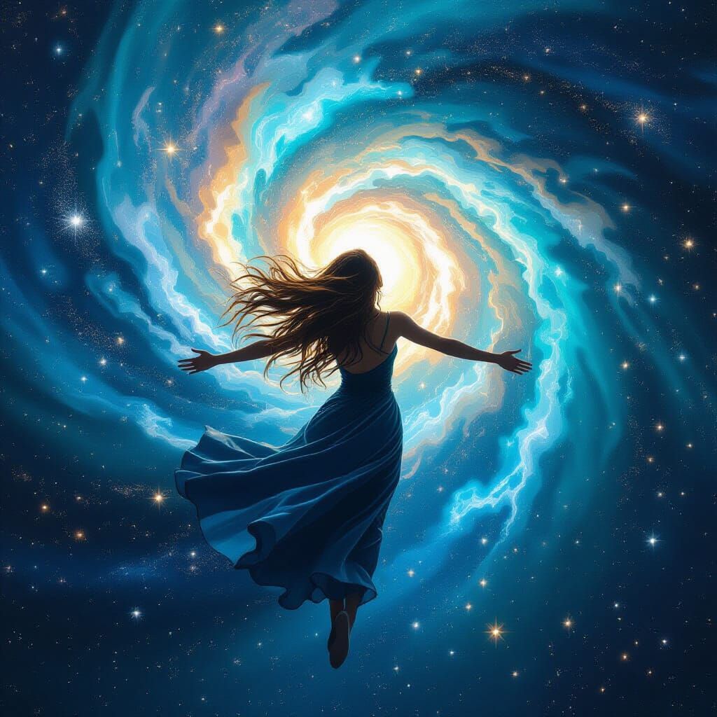 Woman Flies into Galaxy in Hyperrealistic Style