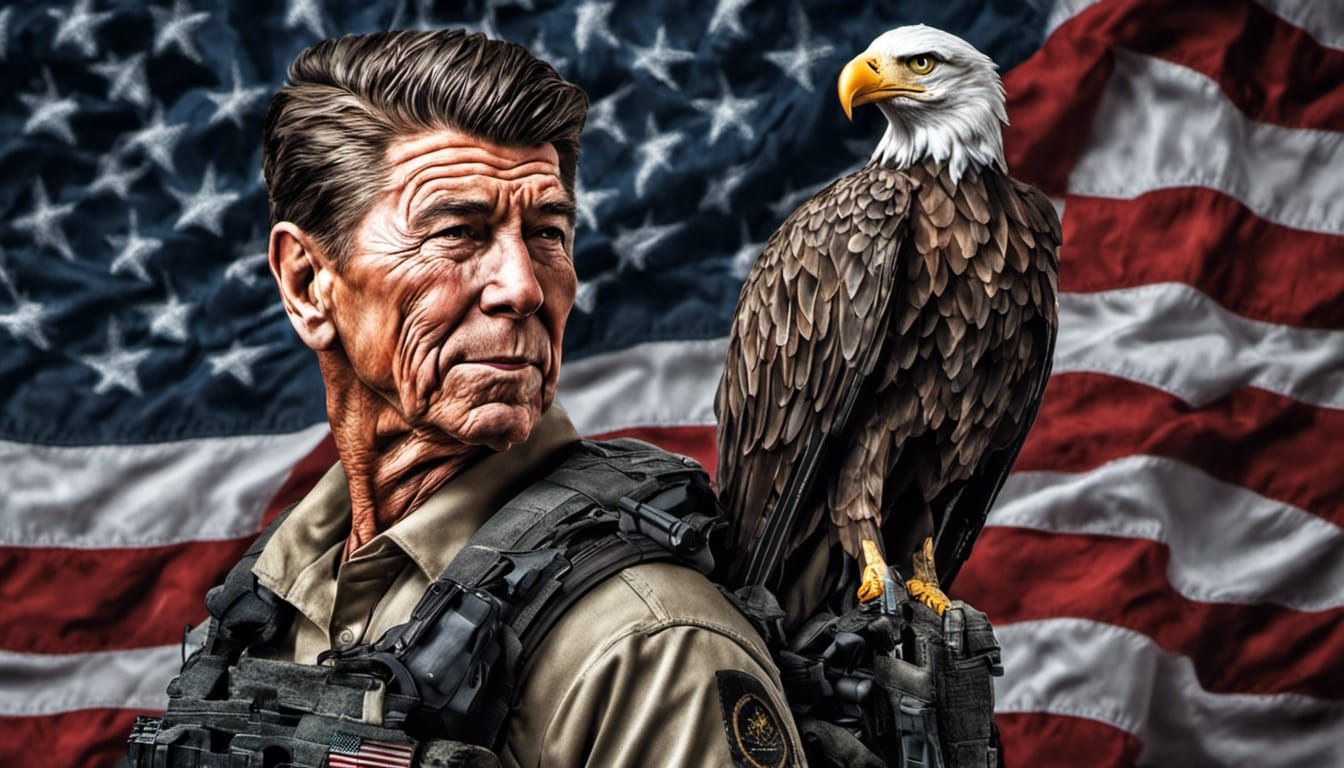 Reagan as Soldier with Eagle: Hyperrealistic Patriotic Image