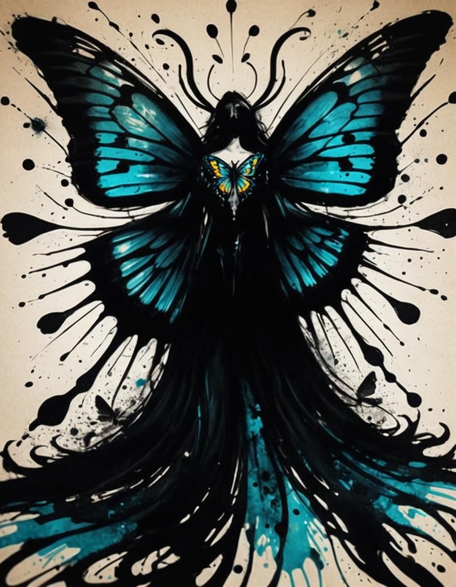 Psychedelic Ink Splatter Portrait of Woman with Butterfly Wi...