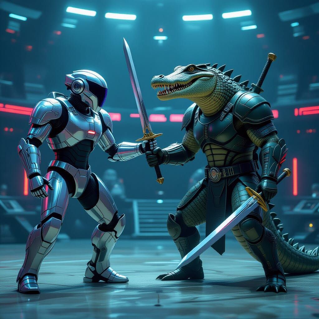 Robot vs Crocodile Warrior in Retro-Futuristic Arena