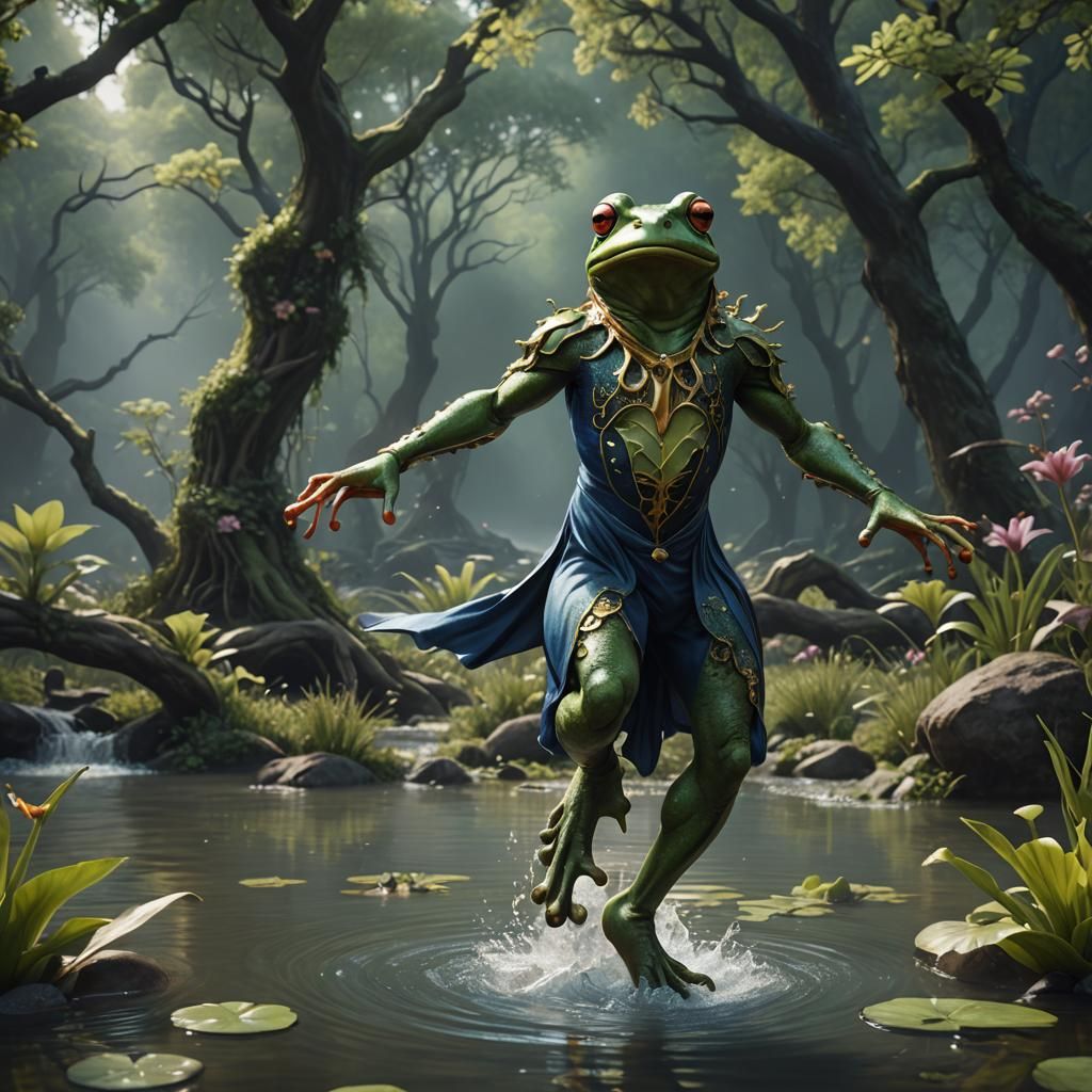 Elegant Frog River Dance, Detailed Matte Painting