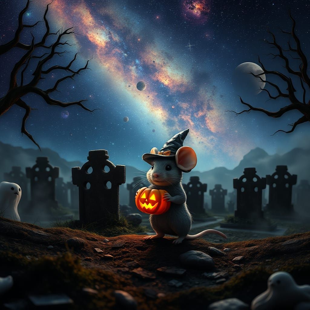 Halloween Chibi Mouse in Graveyard, Hyperrealistic Photograp...