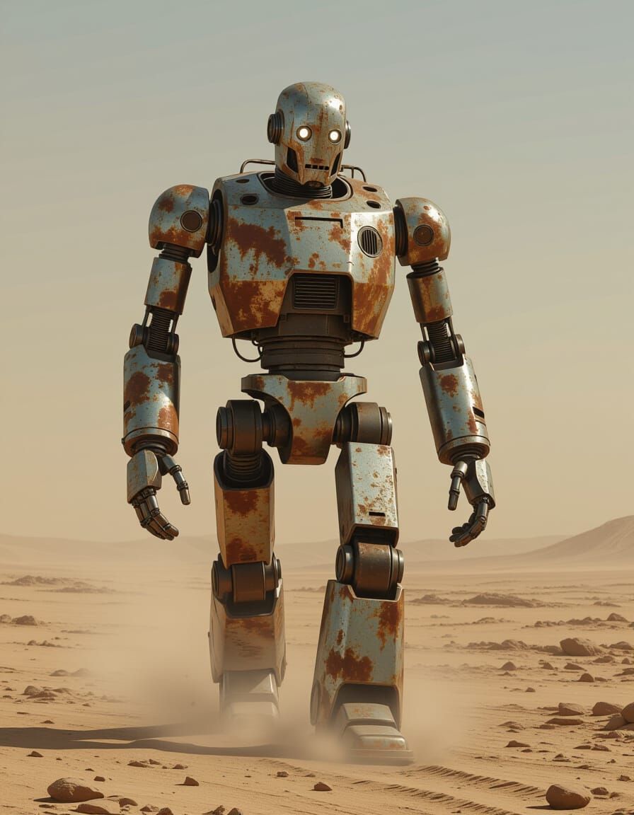 Rusting Robot Walks Barren Wasteland, Gritty Realism