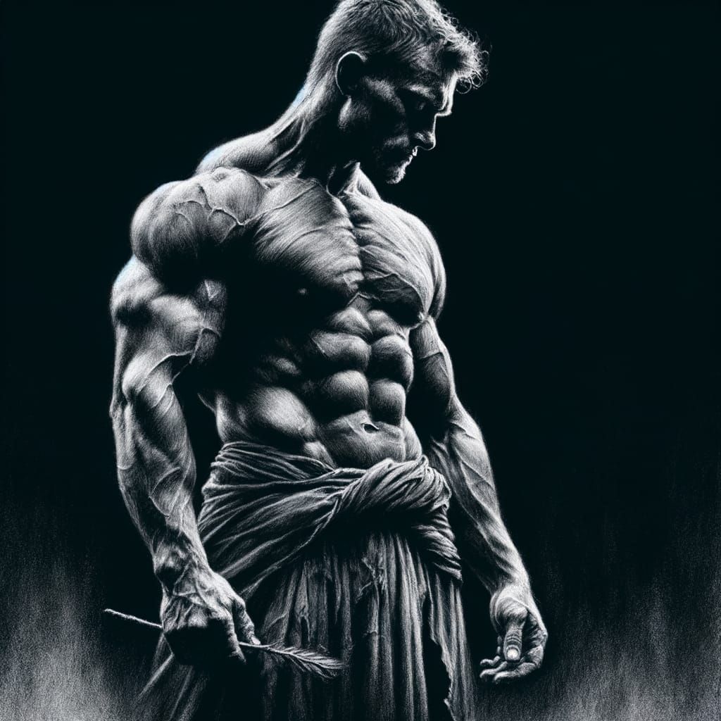Muscular Warrior Lost in Thought: A Charcoal Drawing