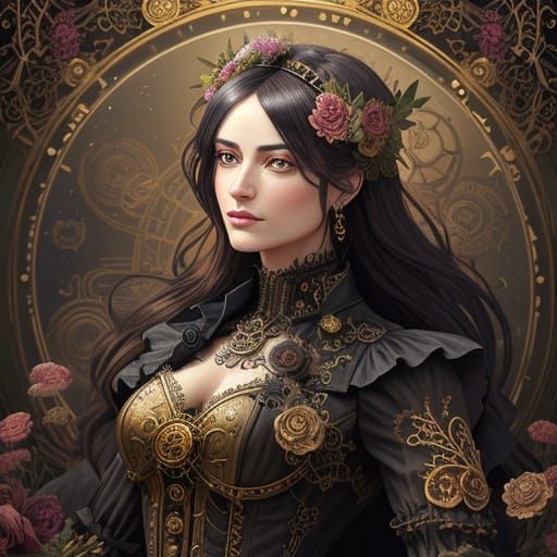 Steampunk Goddess With Clockwork Skin Surrounded By Flowers