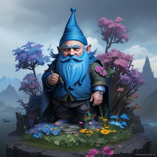 Cartoon Blue Gnome with Rainbow Flowers, Detailed Digital Ar...