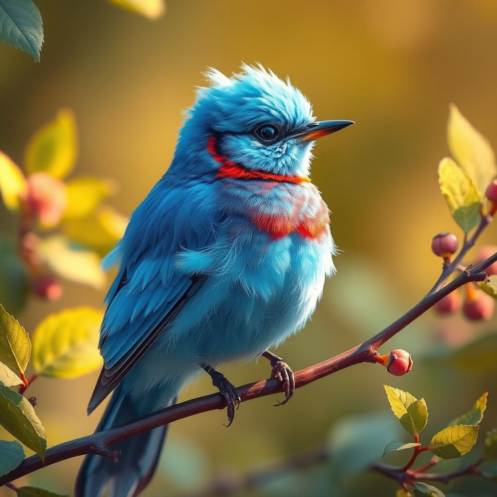Charming Bluebird on Cranberry Branch, Storybook Style