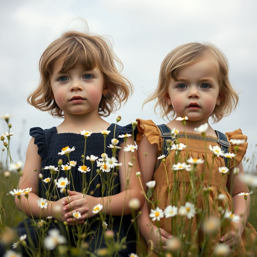 Whimsical Toddler Siblings Amidst Luminous Wildflowers