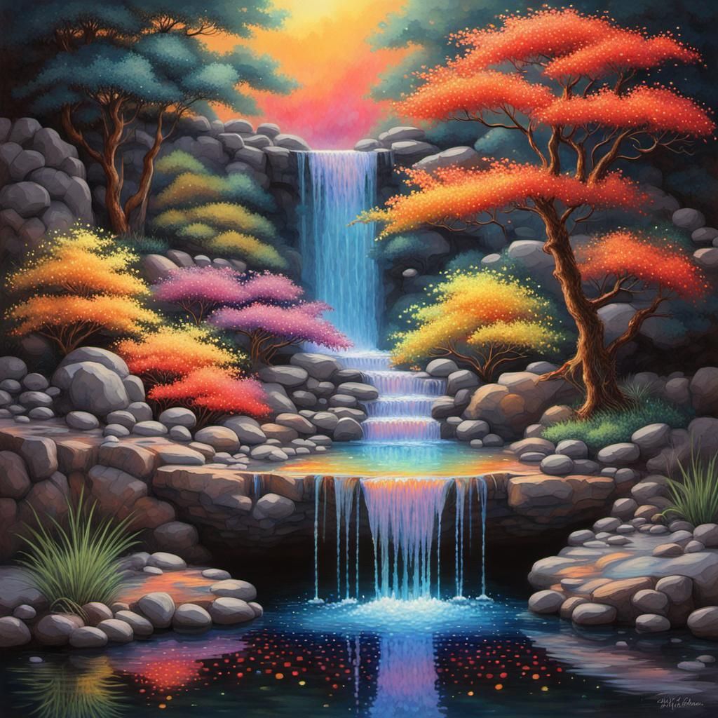 Vivid Waterfall with Bonsai in Pointillism Style