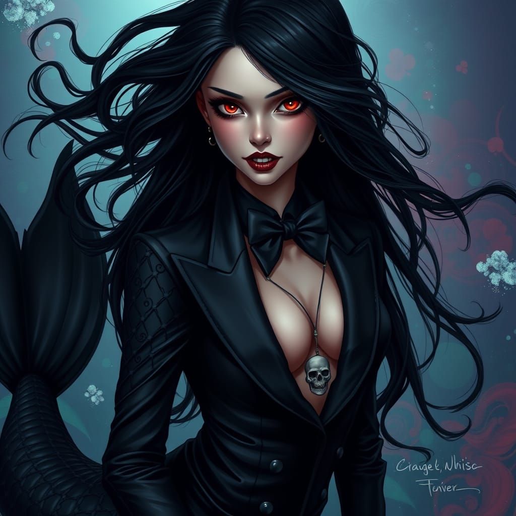 Gothic Mermaid in Hyperrealistic Style with Skull Tuxedo