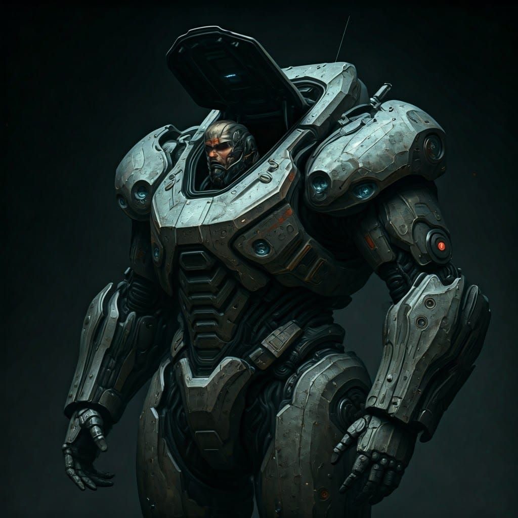 Futuristic Combat Pilot Emerges from Industrial Exoskeleton