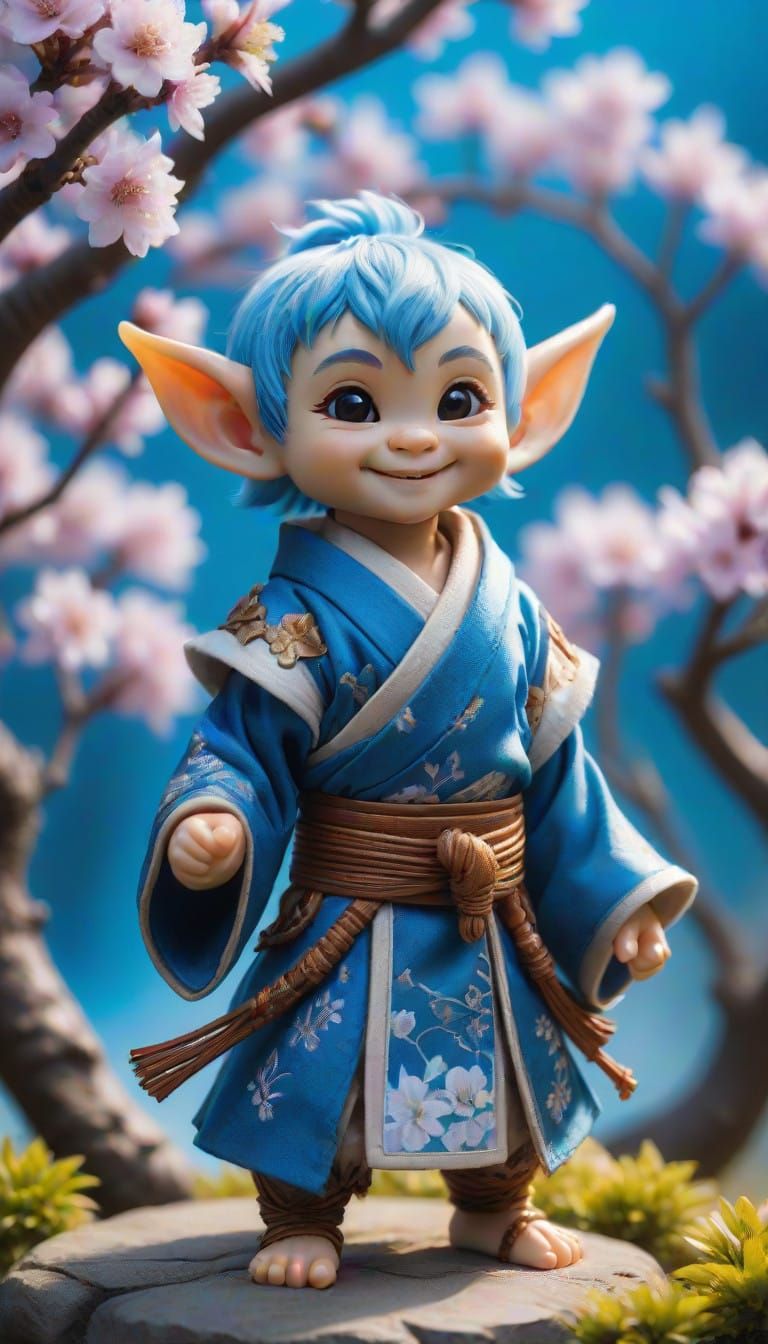 Miniature Samurai Baby Elf in a Vibrant Blossom Tree