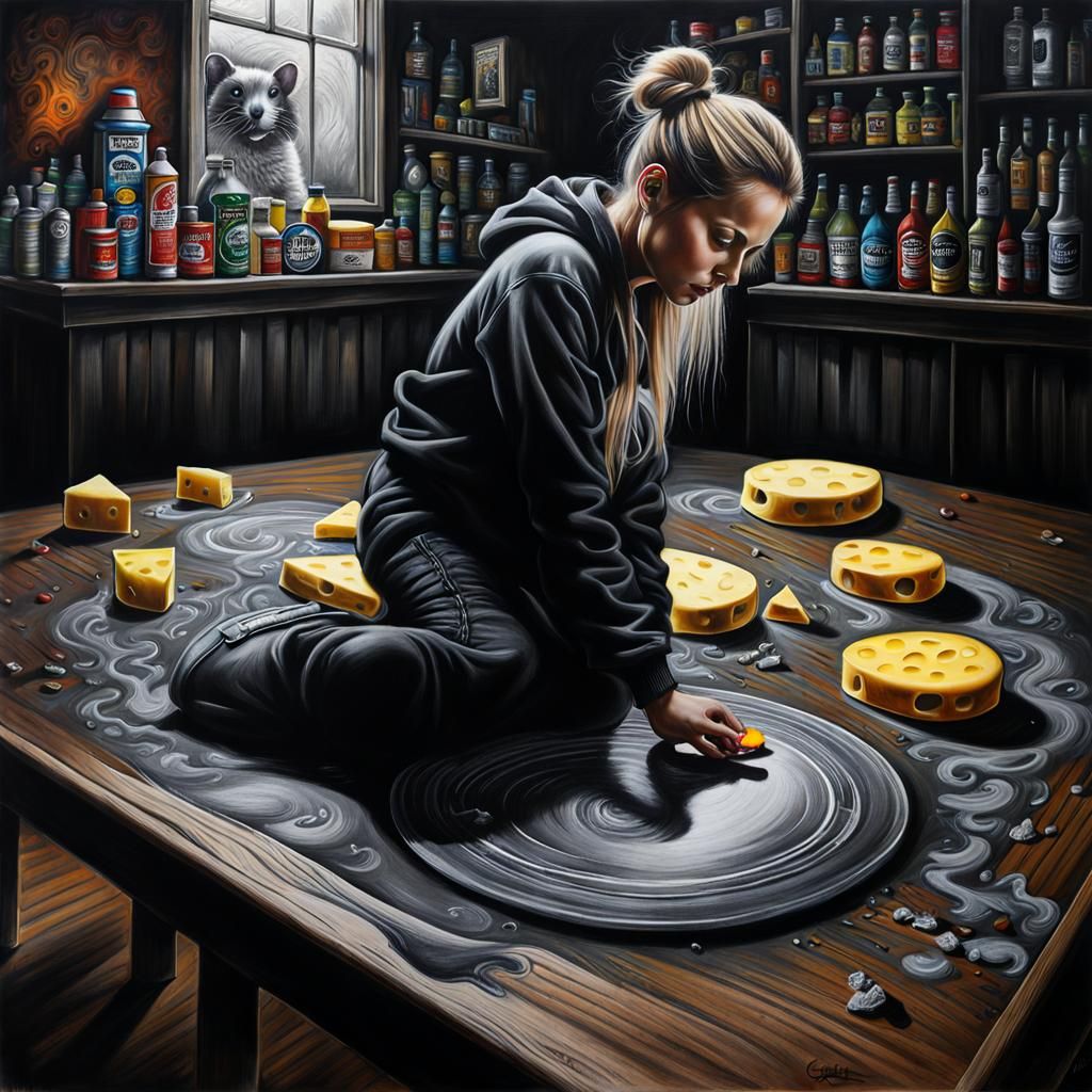 Monochrome Chalk Art of Woman and Mouse