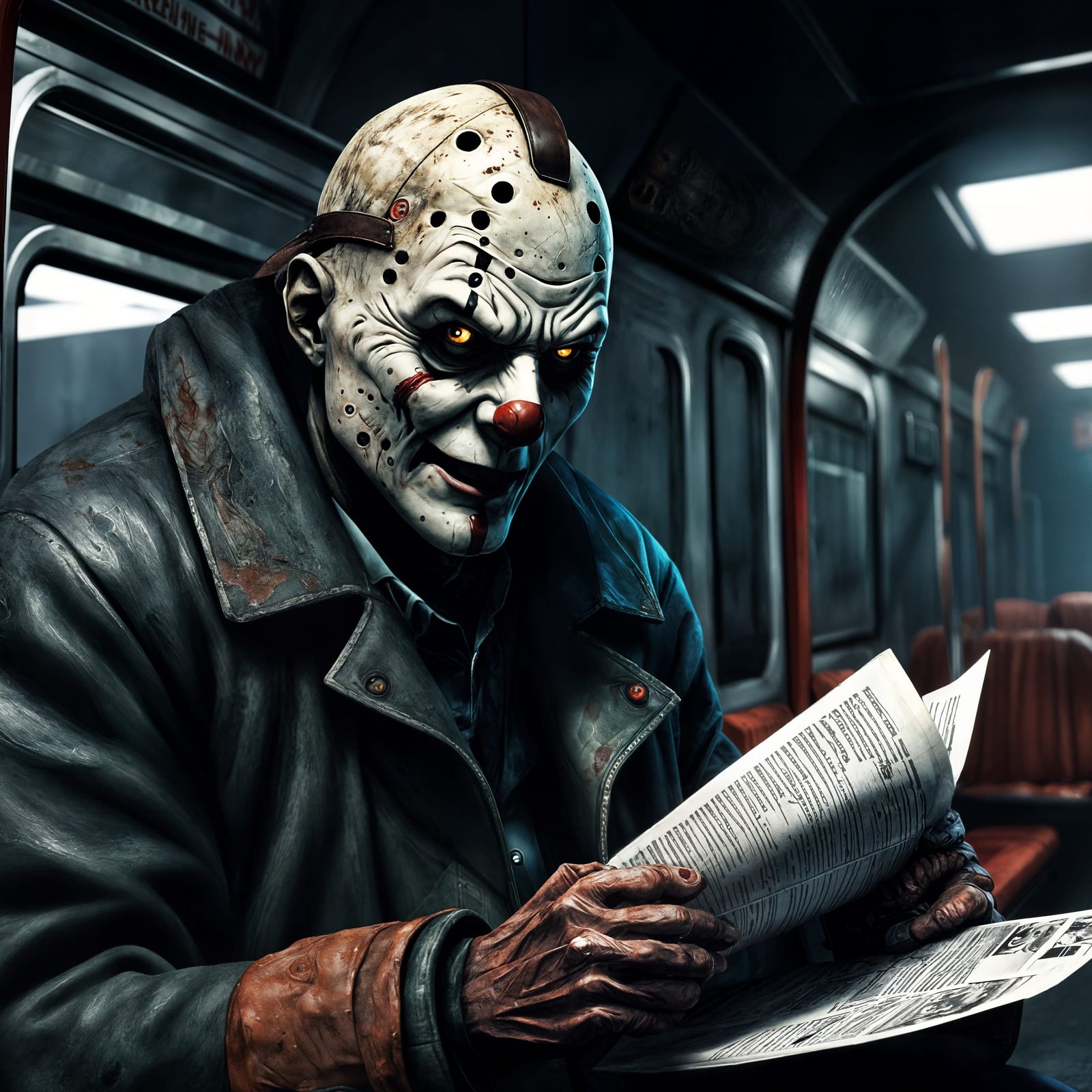 Ordinary Man Surrounded by Horror Icons in Urban Bus Ride