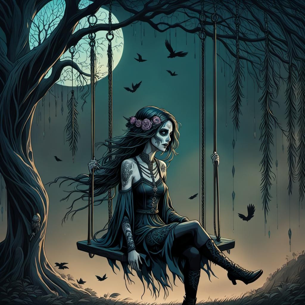 Fae Woman on Swing in Dark Fantasy Art
