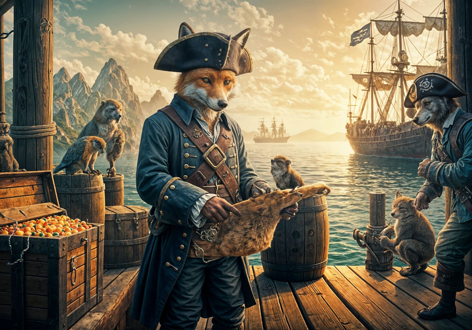 Pirate Animal Harbor at Golden Hour: Painterly Realism