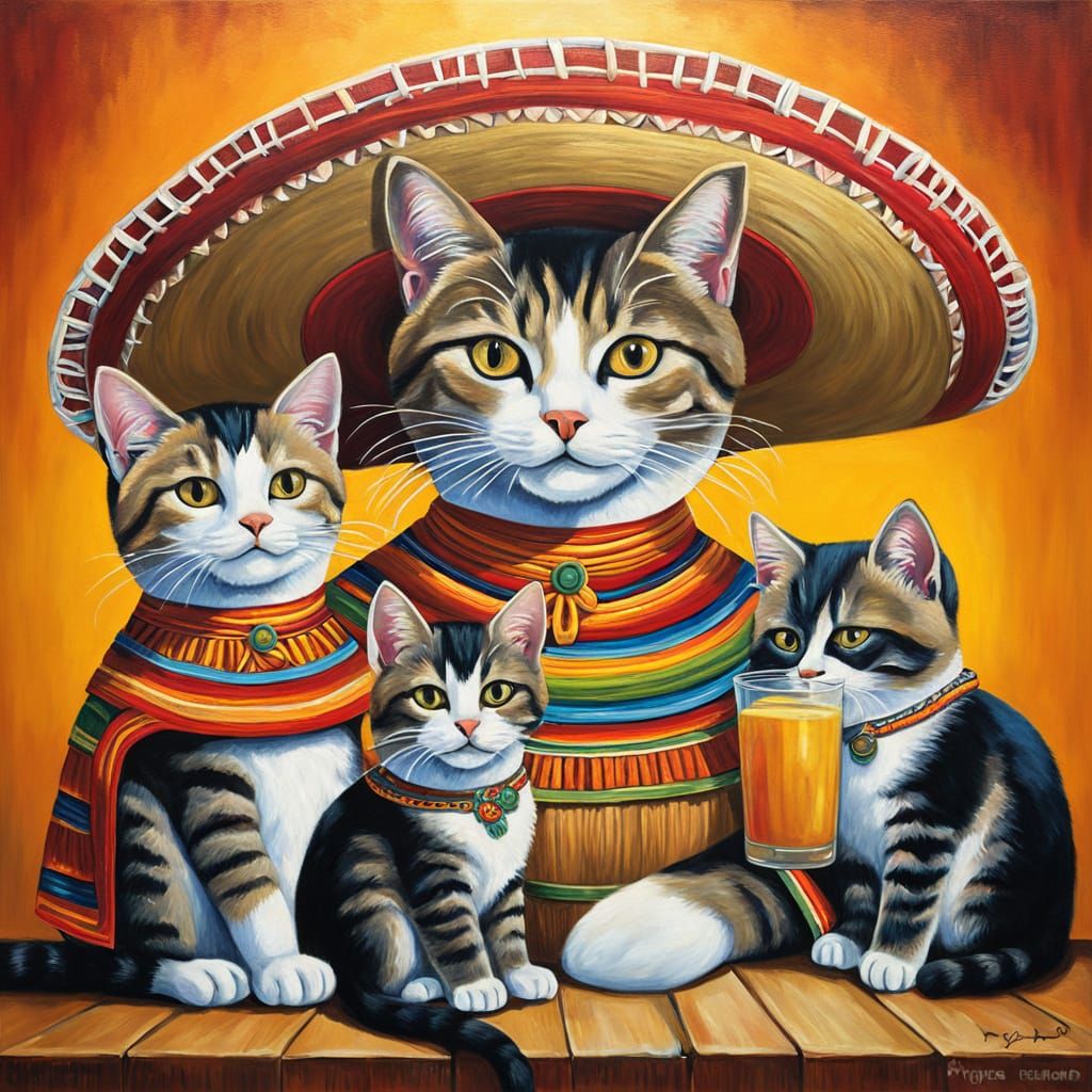 Cats in Sombreros: A Vibrant Mexican Oil Painting