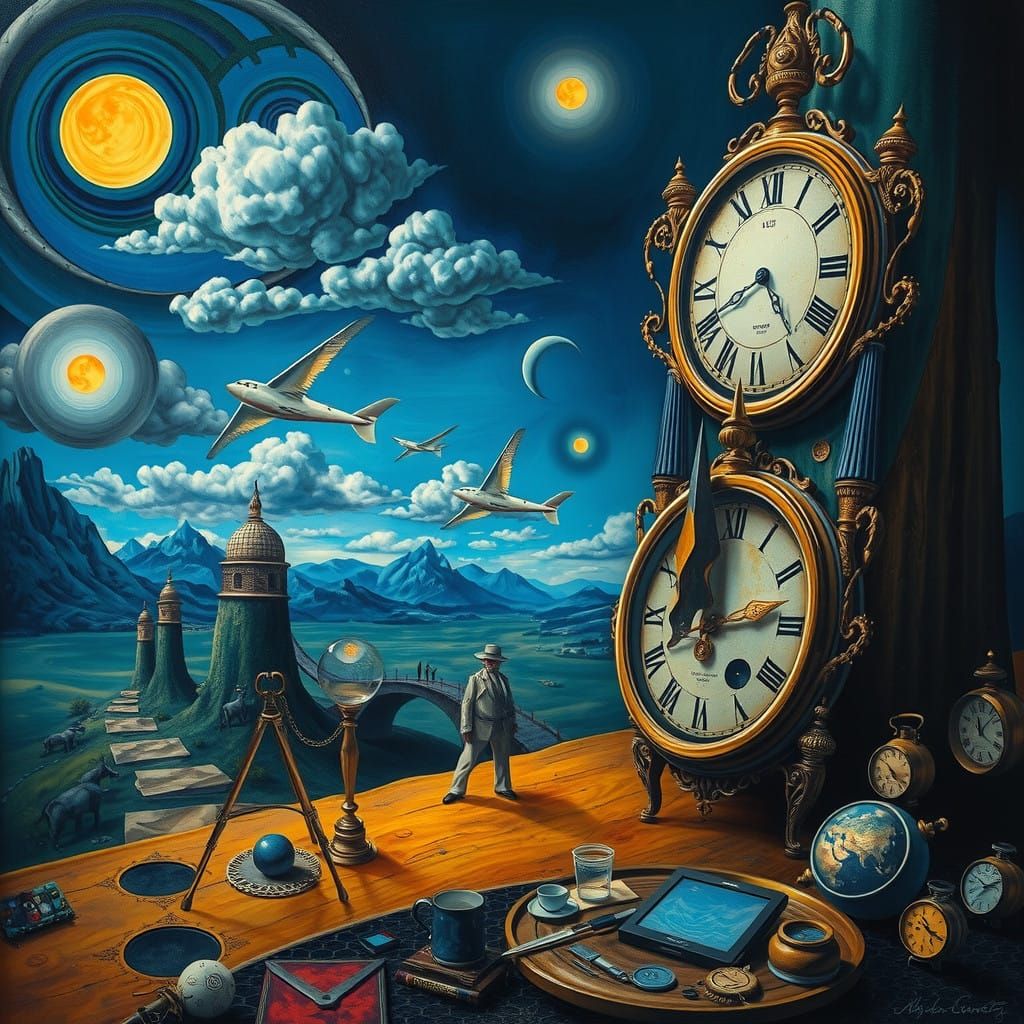 Dreamlike Surrealism with Melting Clocks and Eerie Landscape...