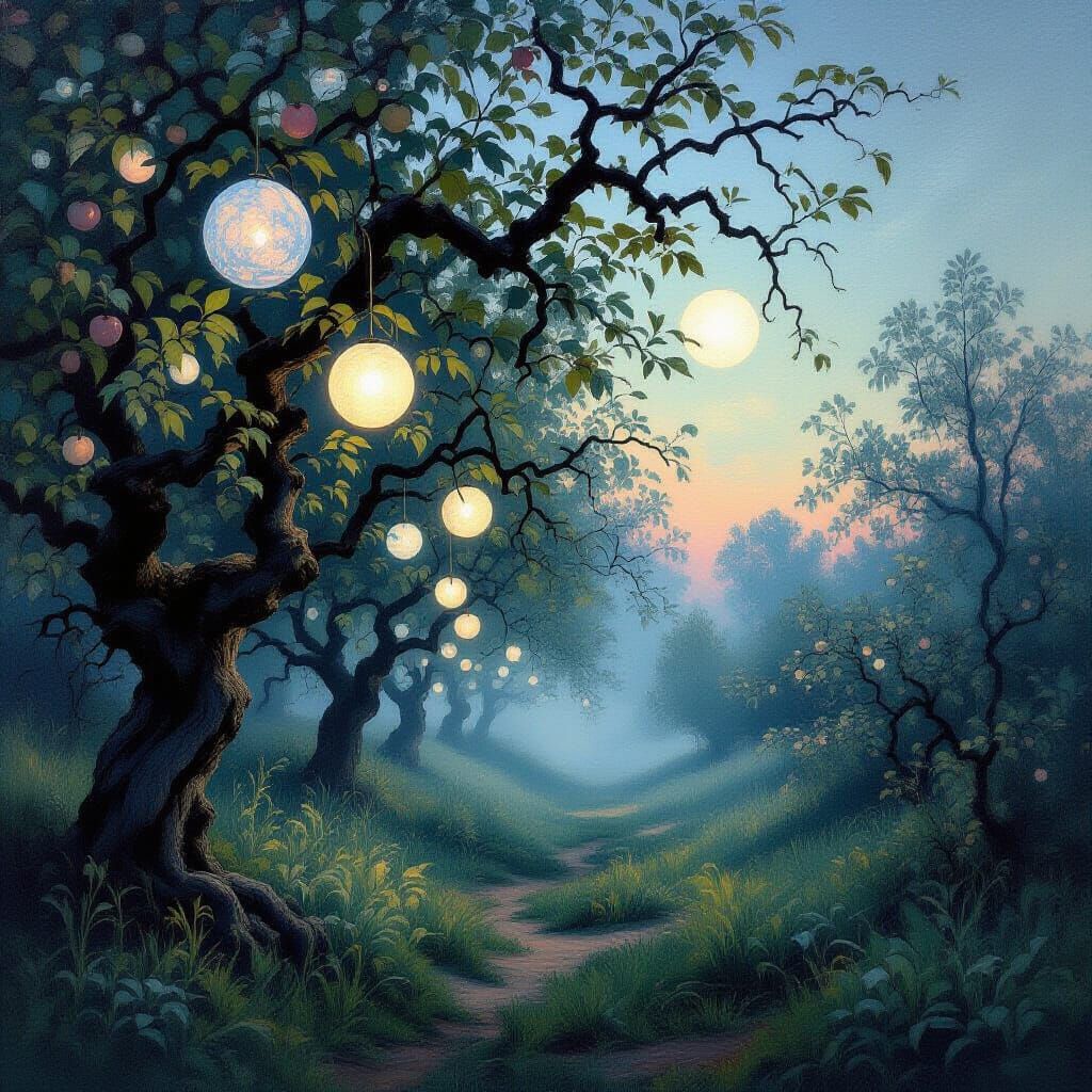 Ethereal Orchard Dissolving into Light at Twilight