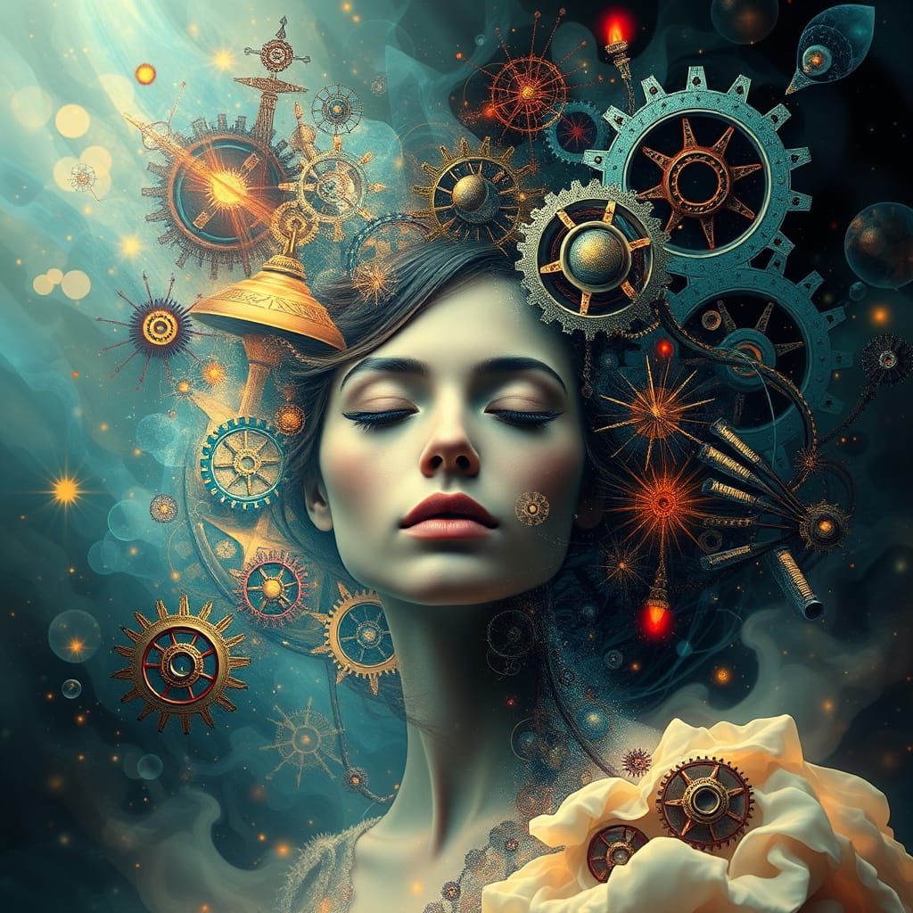 Ethereal Surrealism with Tranquil Woman in a Vibrant, Dynami...
