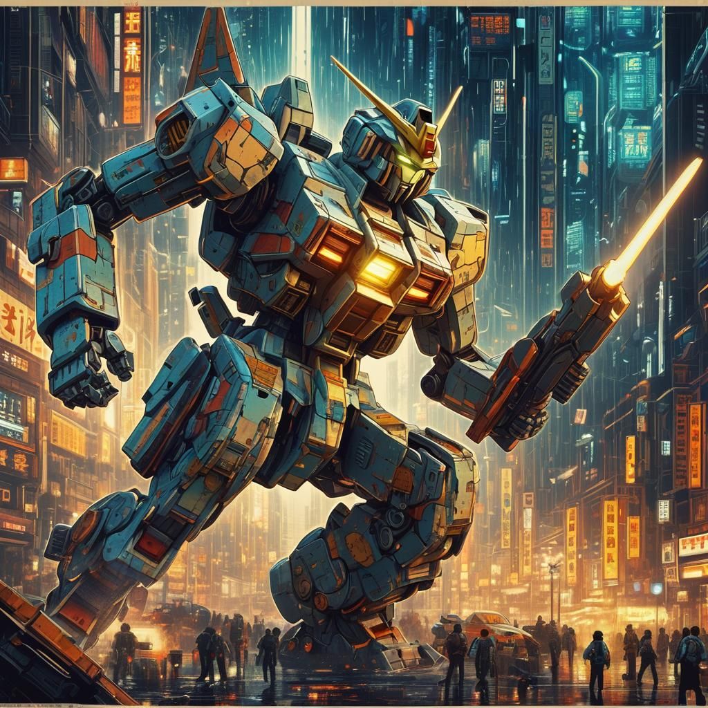 Retro Mecha Gundam Portrait in Cyberpunk Cityscape