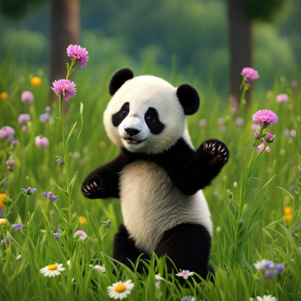 Adorable Baby Panda In Wildflower Meadow: 3D Render