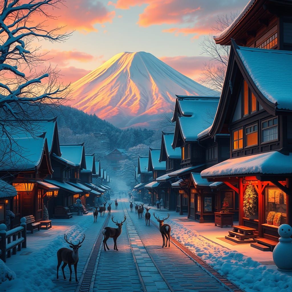 Serene Winter Village Scene in Warm Sunset Hues