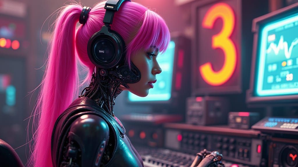 Pink-Haired Terminator Robot DJ in Radio Station