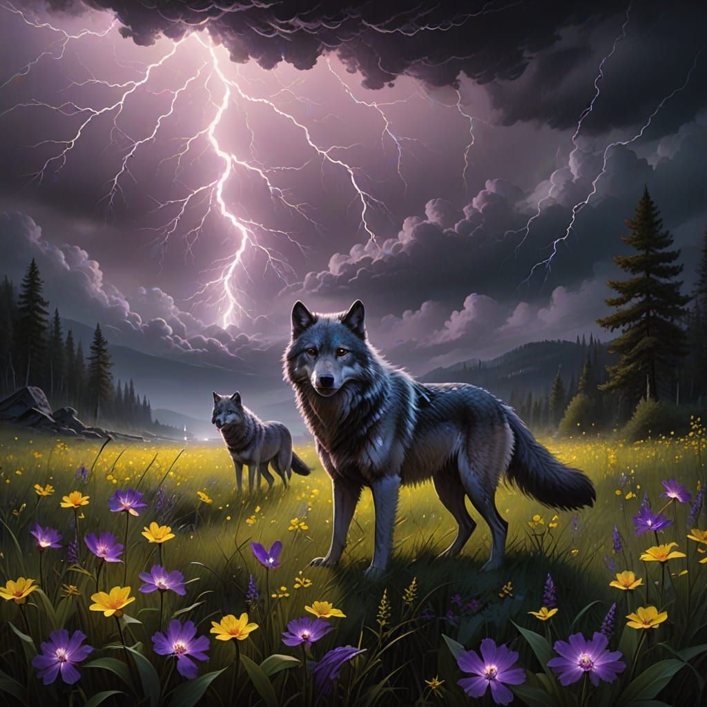 The wolves are a little freaked by the storm as the lightning brings the wildflowers to life