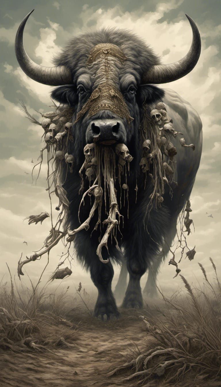 wild buffalo spirit roaming the plains, eating a grass made of human bones
