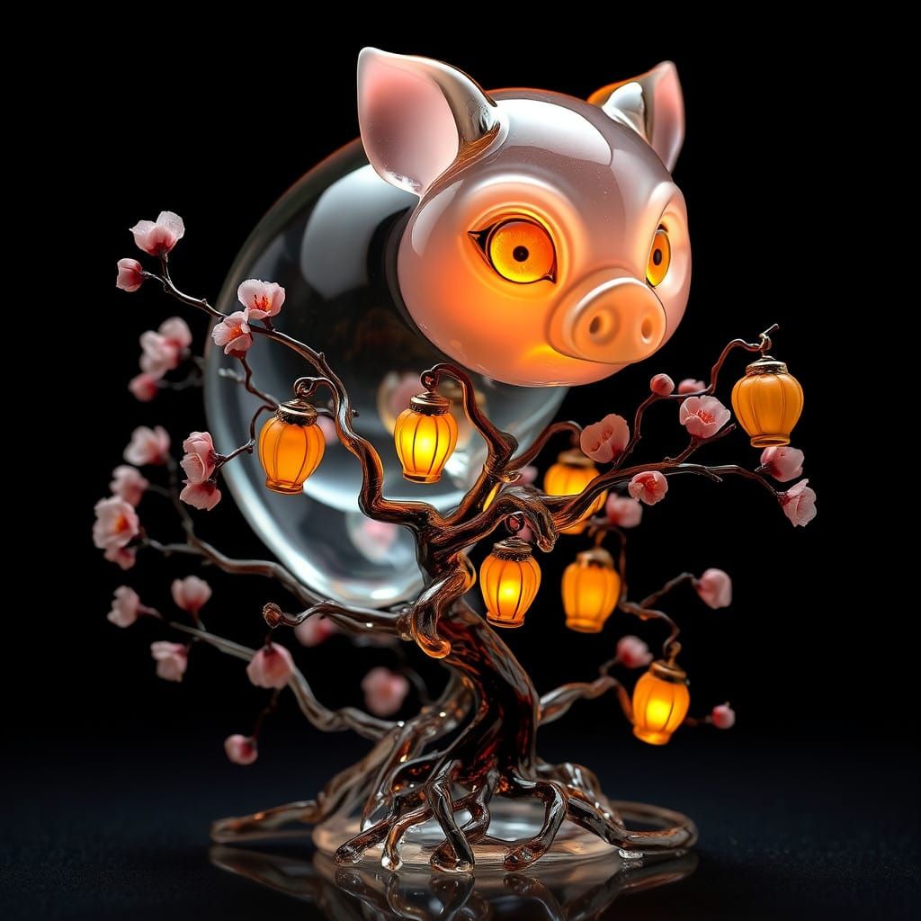 Glass Piglet Sculpture with Owl Twist on Sakura Tree