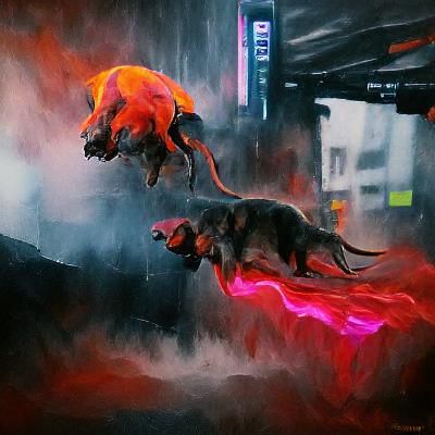 Cerberus Leaps from Volcano in Cyberpunk Style