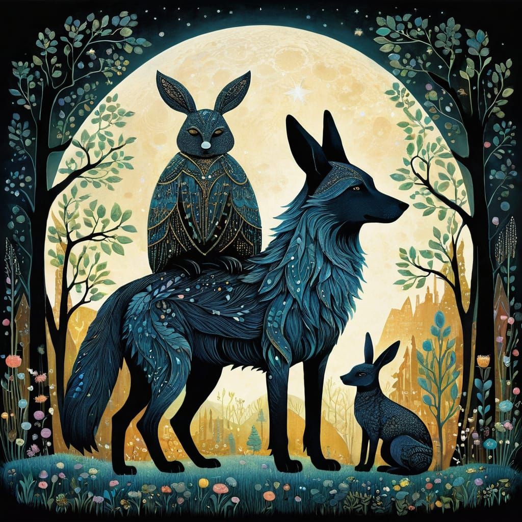 Happy Wolf and Rabbit Friends Companions