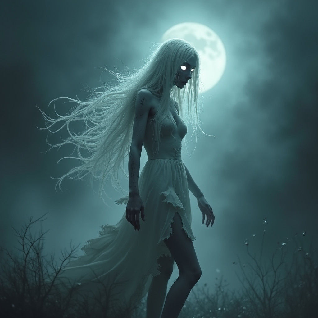 Eerie Zombie Woman in Fog, Gothic Horror Style