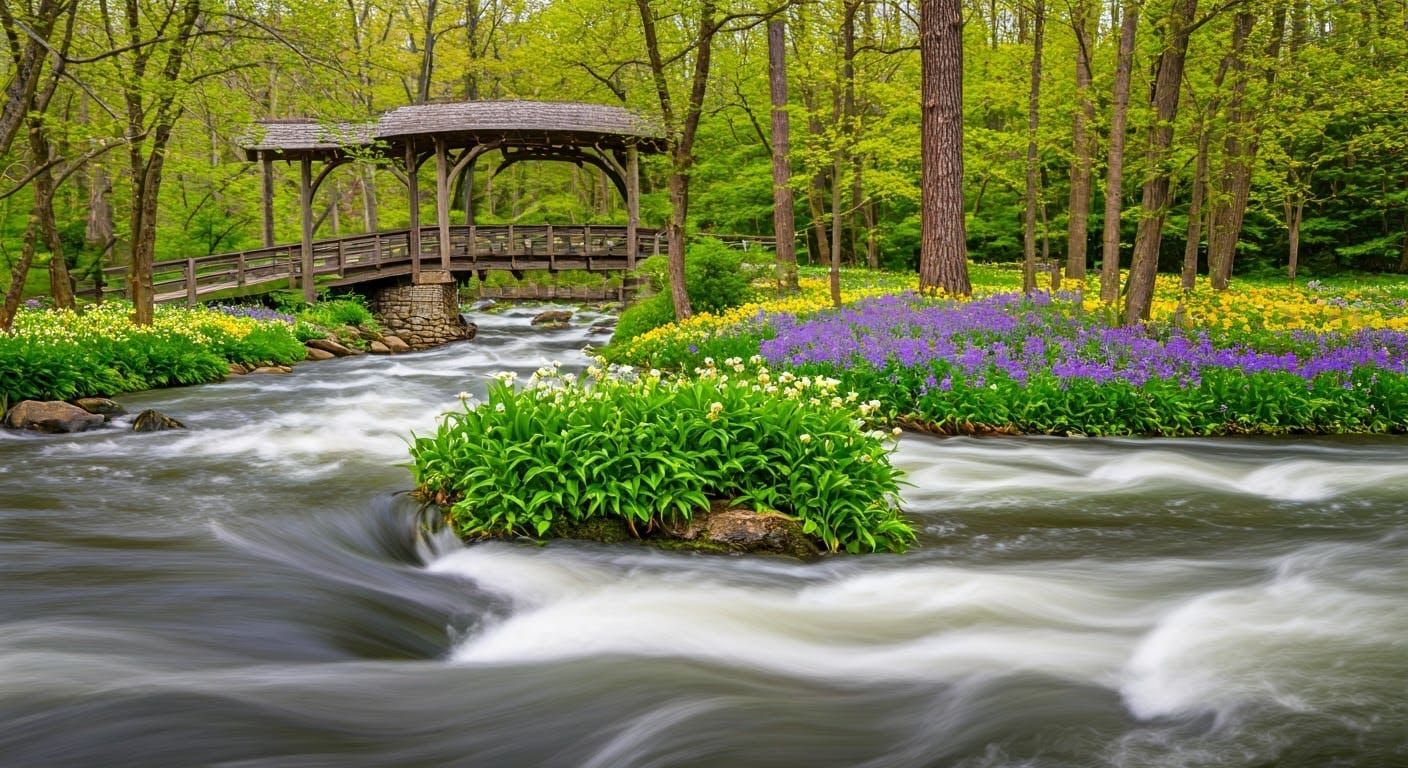 Whimsical Covered Bridge Over a Vibrant Spring River
