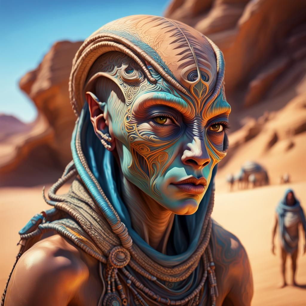 Tribal Alien Nomad Family at Desert Oasis