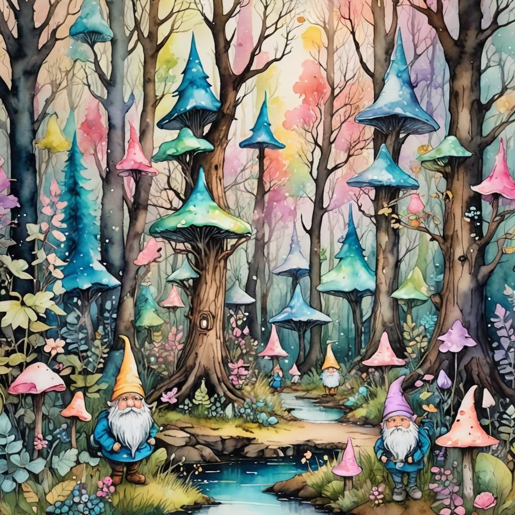 Pastel Magical Forest with Gnomes and Fairies