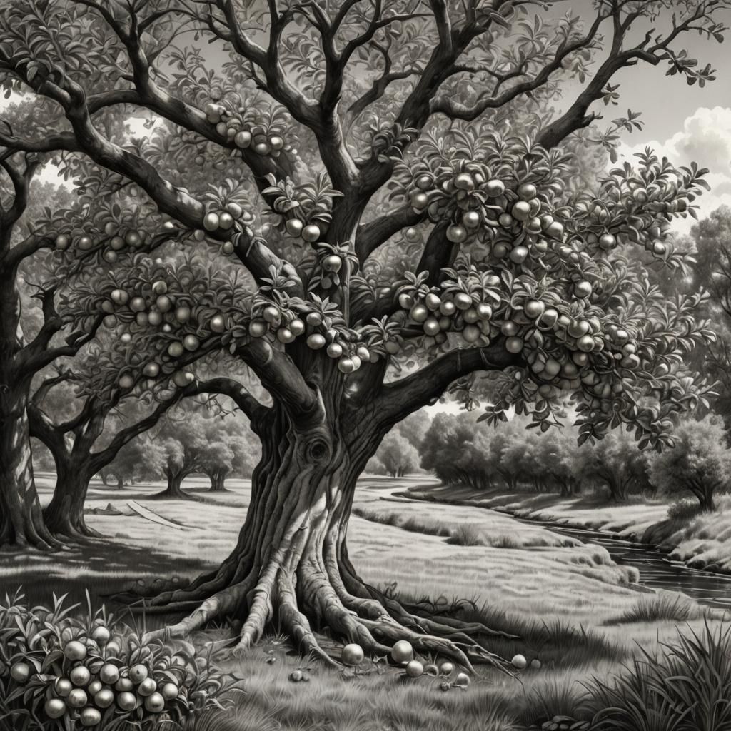 Orchard Apple Tree Sketch in Pencil and Charcoal