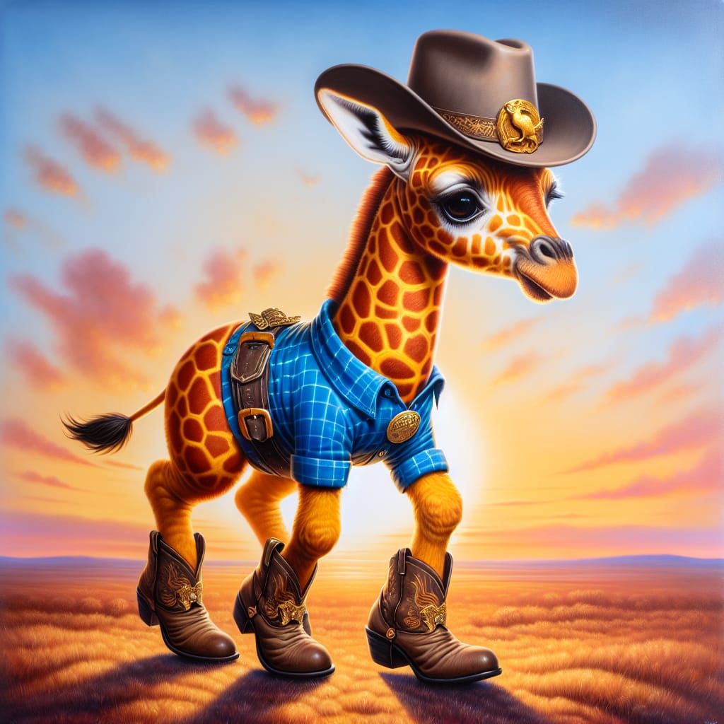 Cartoon Giraffe Cowboy at Sunset on the Prairie