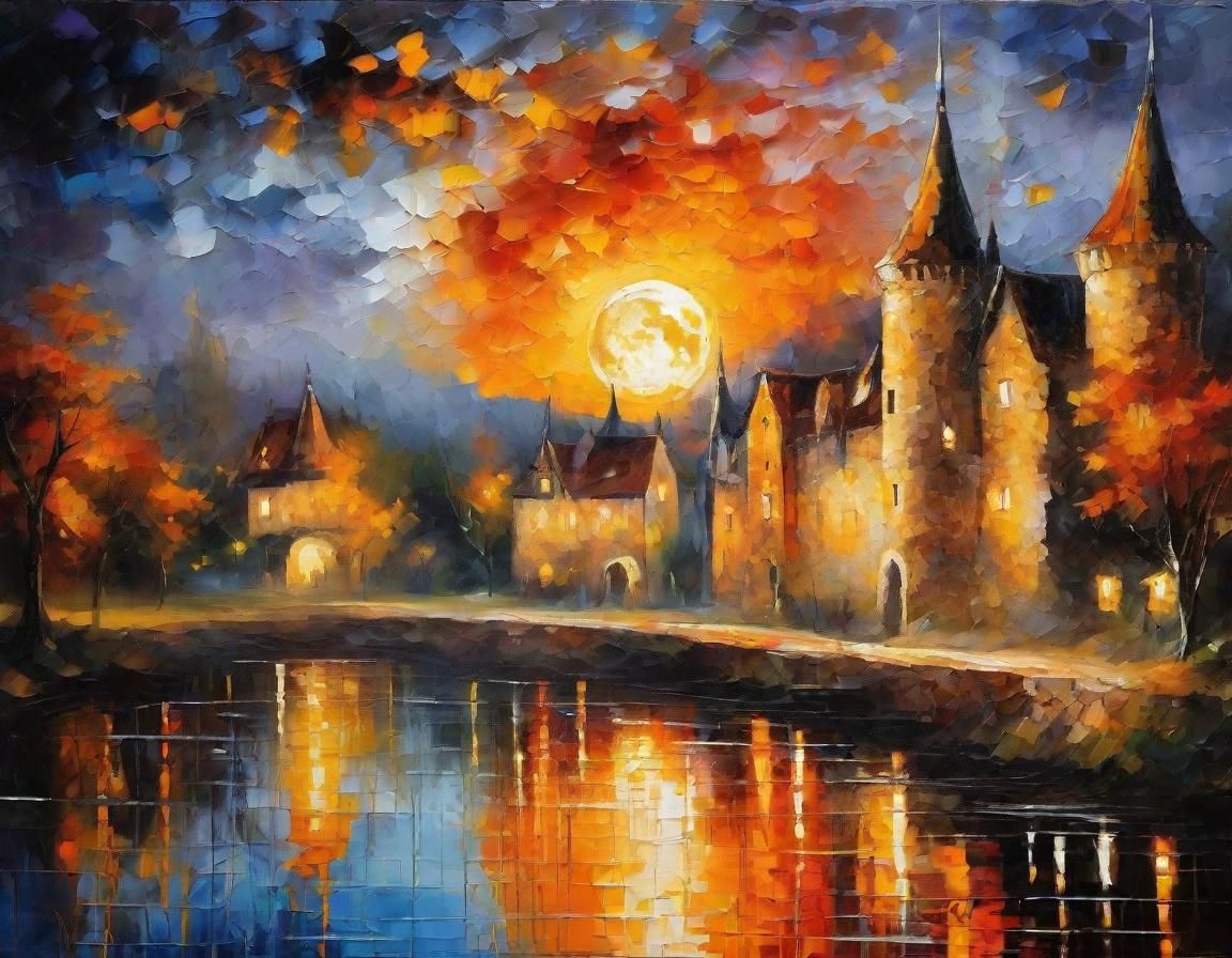 Halloween Moon Over Medieval Village, in Oil Painting Style