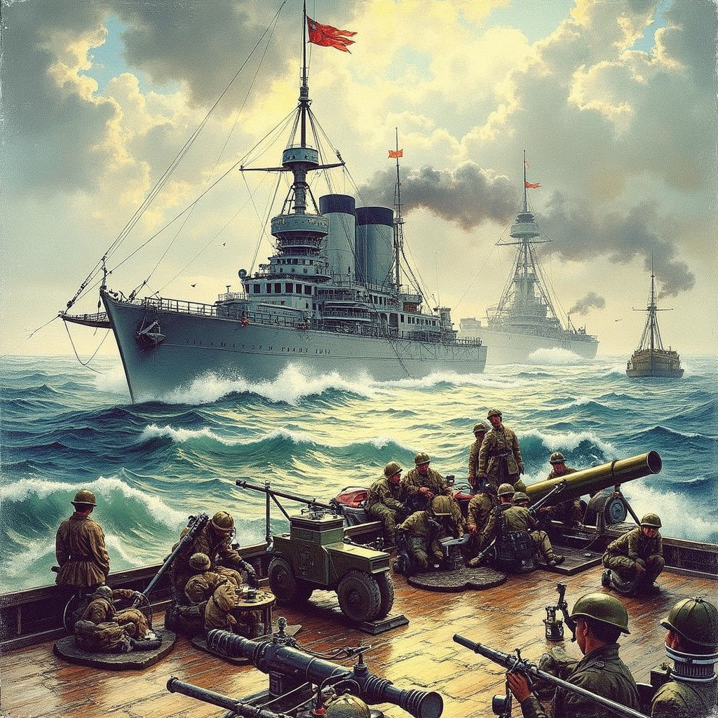 Warships on Stormy Sea, Oil Painting in Symbolist Style