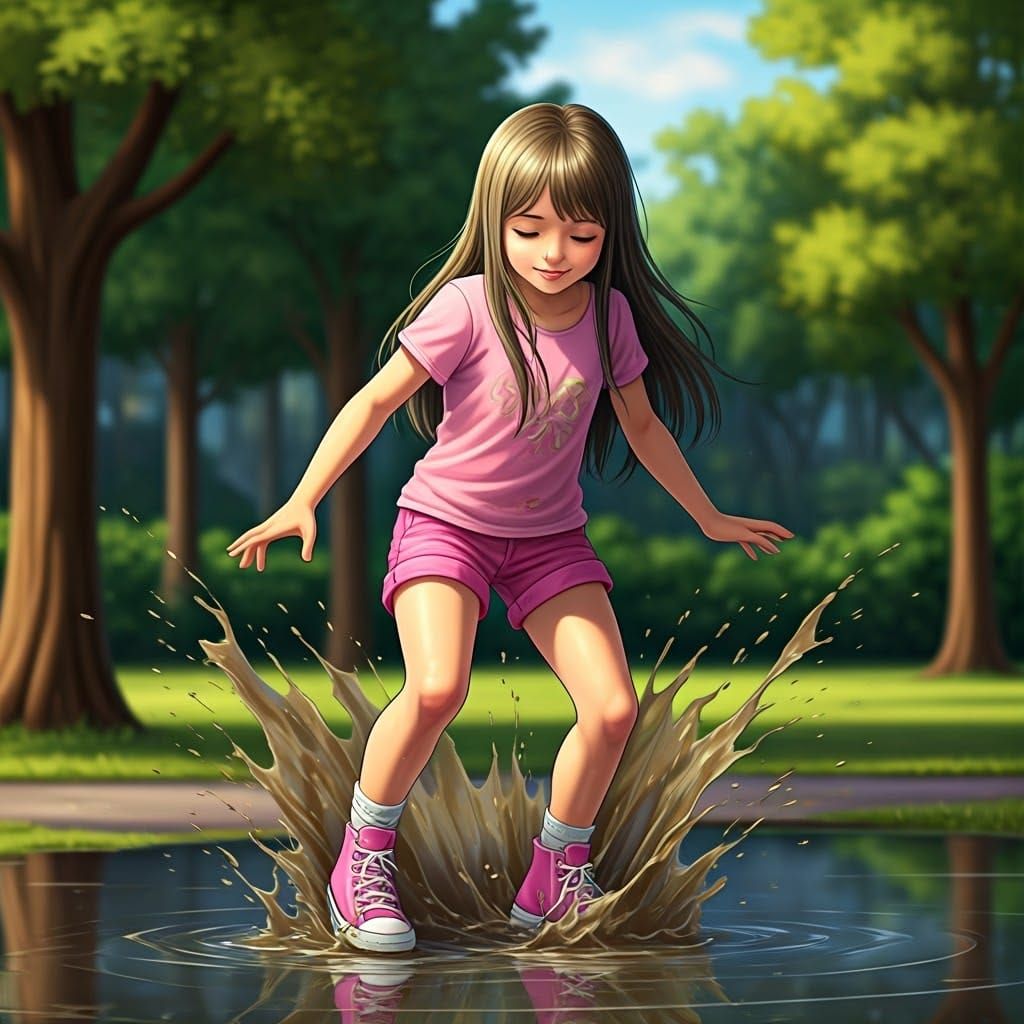 Girl Splashing in Puddles at the Park