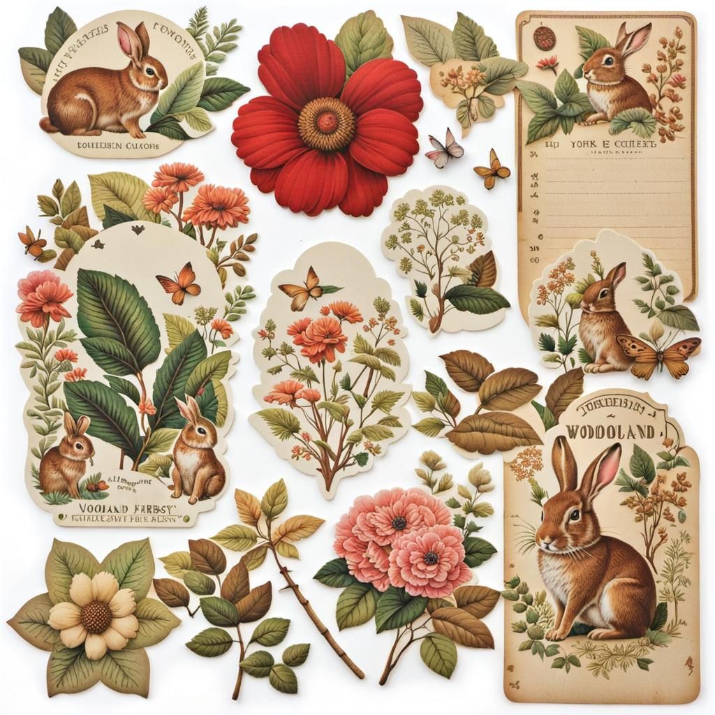 Vintage Woodland Rabbit Stickers for Junk Journals