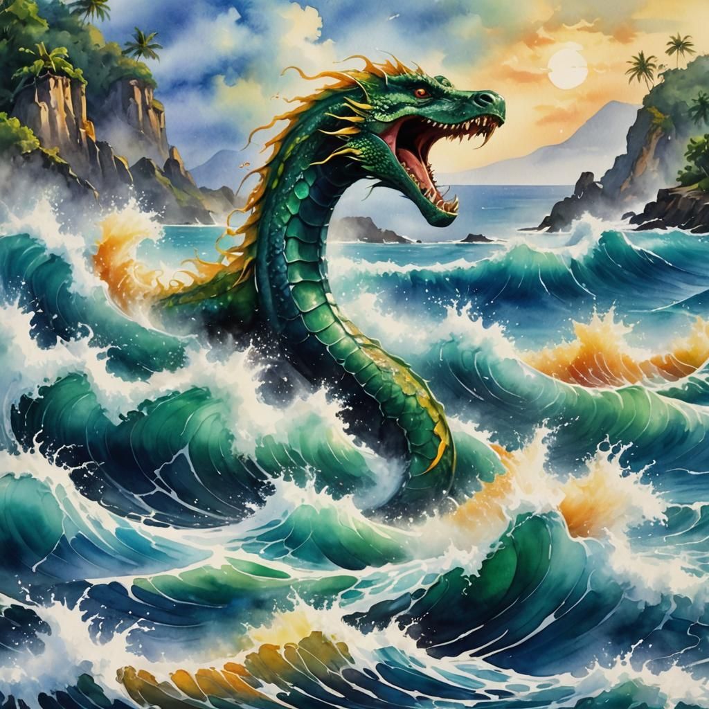 An epic sea serpent breaching turbulent waves.  Scenic tropical coastline in background. Wet brush, Watercolor, ink on p...