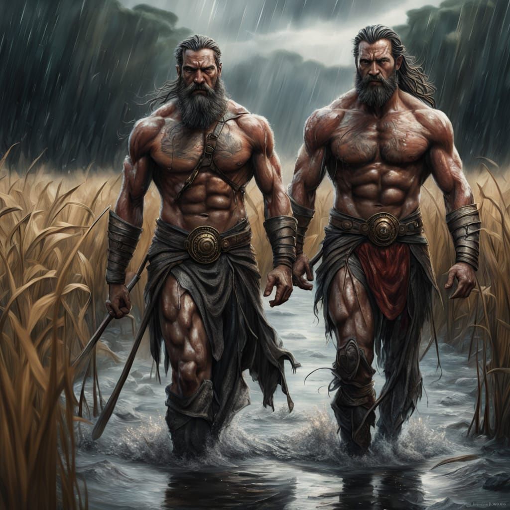 Hyperrealistic Warriors in Turbulent Stormy Landscape