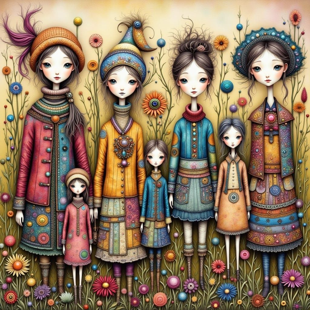 Vibrant Folk-Art Dolls in Whimsical Garden Setting