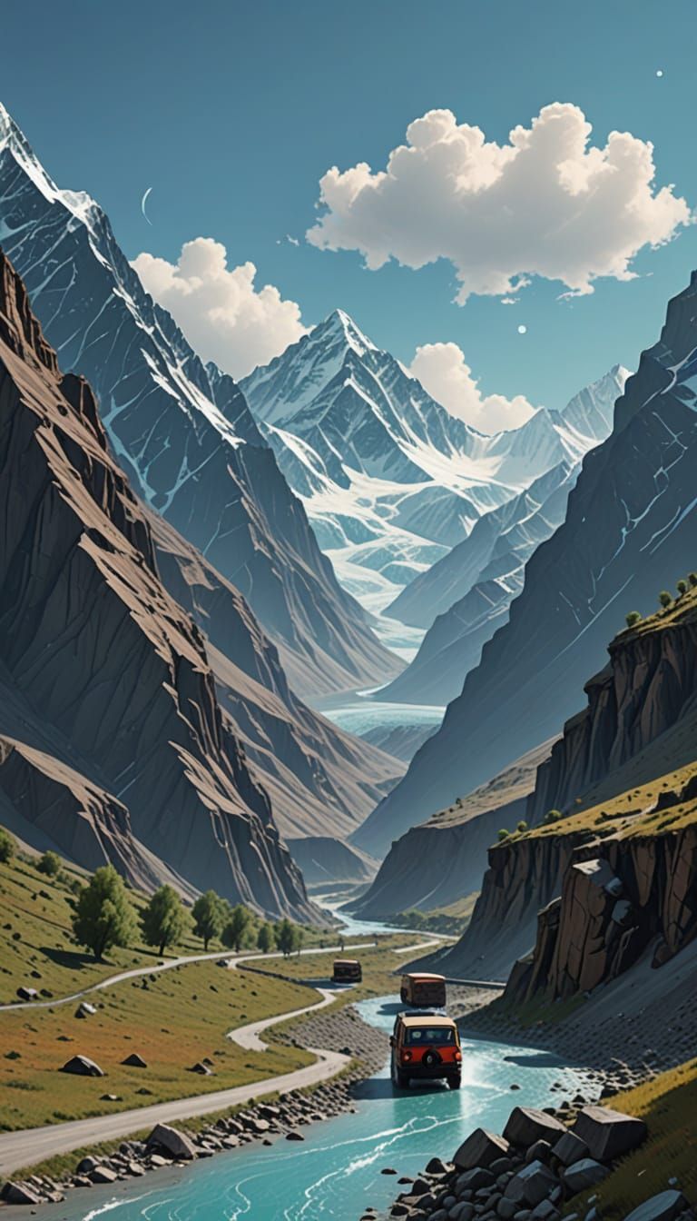 Majestic Karakoram Highway Landscape with Snow-Capped Mounta...