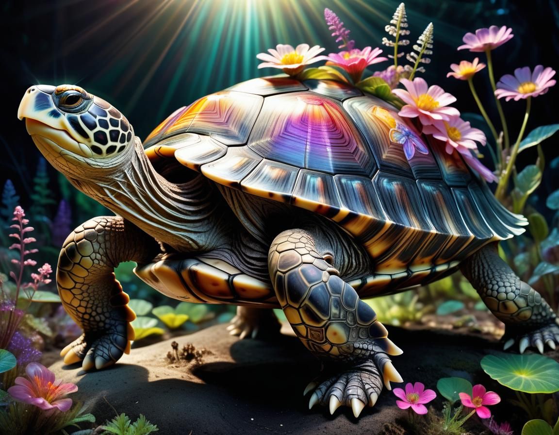 Elegant Turtle with Flowershell in Magical Forest