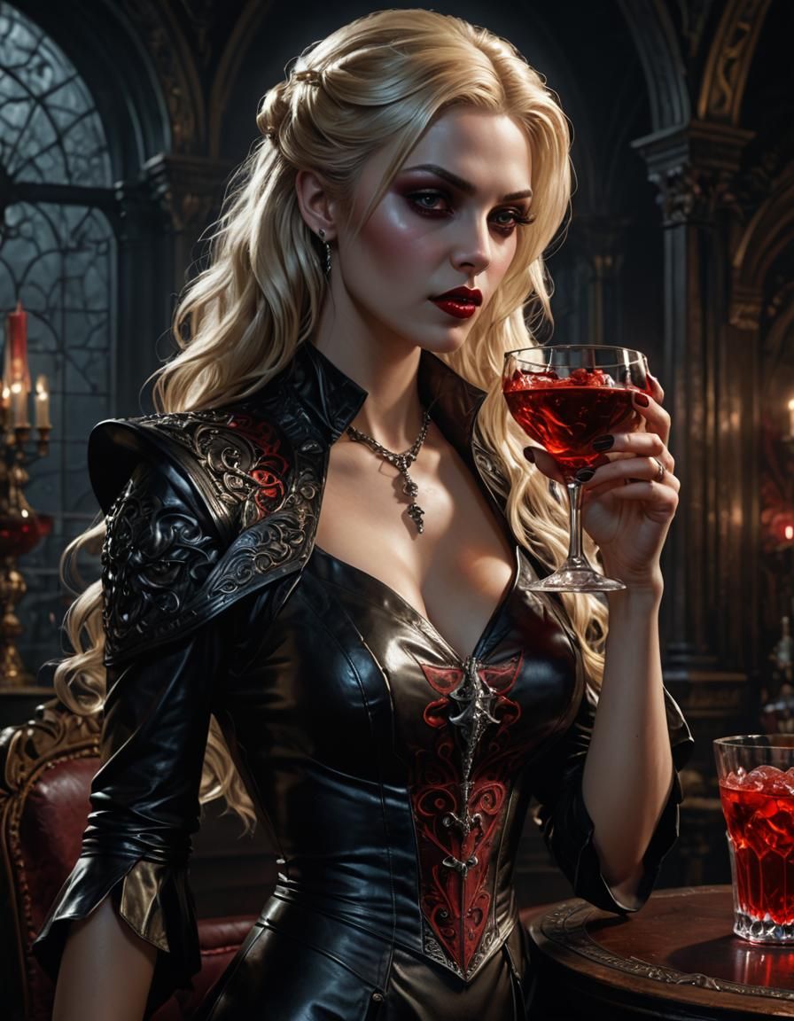 Beautiful Vampire with Blood Cocktail, Detailed Dark Art