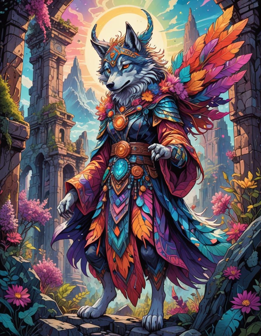 Vibrant Shamanic Wolf Goddess Emerges from Ancient Ruins